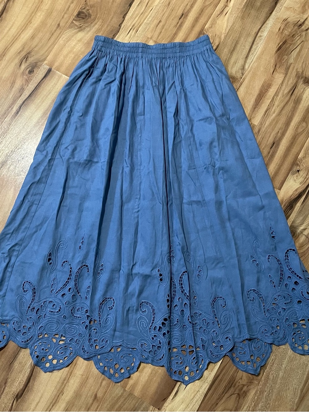 VTG Jane Ashley Blue Rayon Eyelet Midi Skirt Scalloped Cottagecore Boho M
